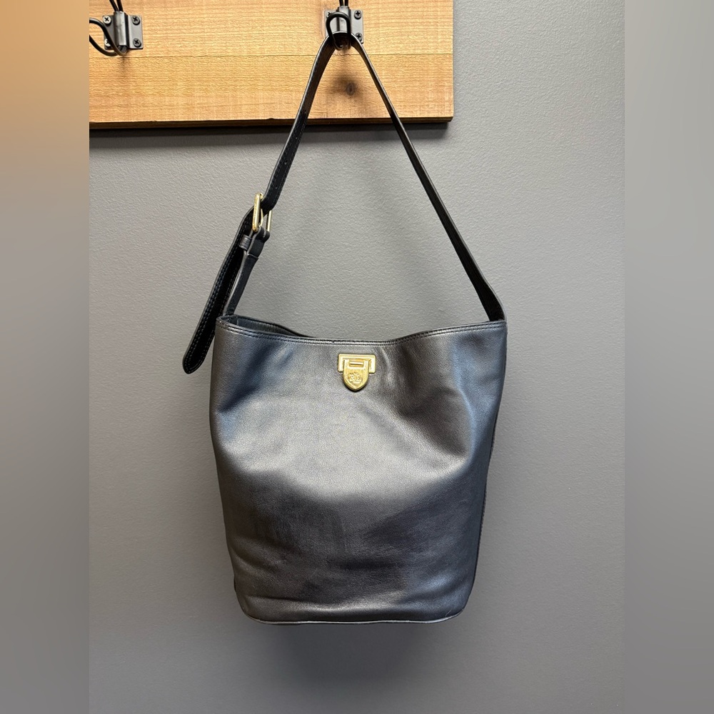 Ralph Lauren Leather Medium Harlow Hobo Black Bucket Bag Shoulder Handbag - Picture 2 of 9